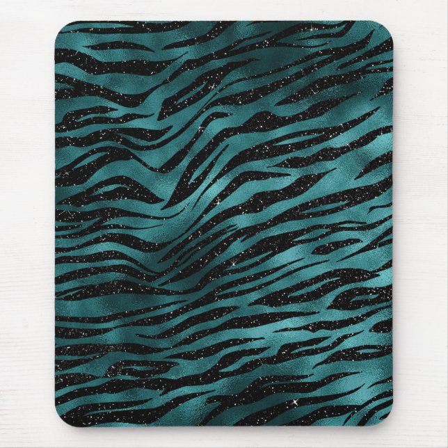 Teal & Black Ombre Glam Glitter Tiger Stripes Mouse Pad (Front)