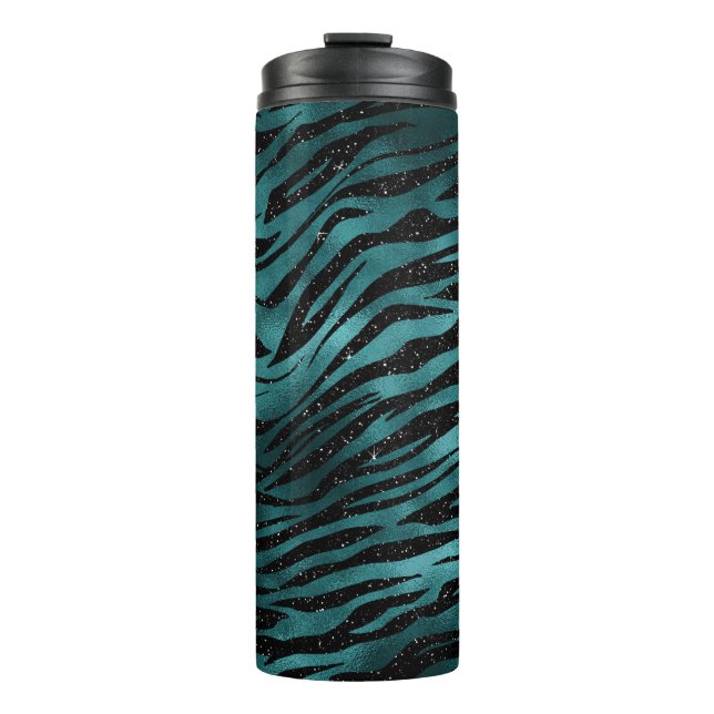 Teal & Black Ombre Glam Glitter Tiger Stripes Thermal Tumbler (Front)