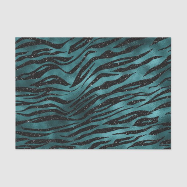 Teal & Black Ombre Glam Glitter Tiger Stripes Tissue Paper (Front)