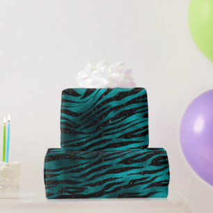 Teal & Black Ombre Glam Glitter Tiger Stripes Wrapping Paper