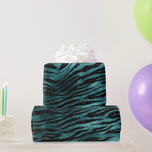 Teal & Black Ombre Glam Glitter Tiger Stripes Wrapping Paper (Party Gifts)