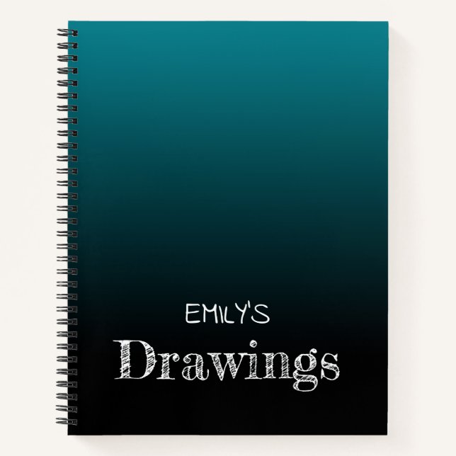 Teal Black Ombre Personalised Drawing Notebook (Front)
