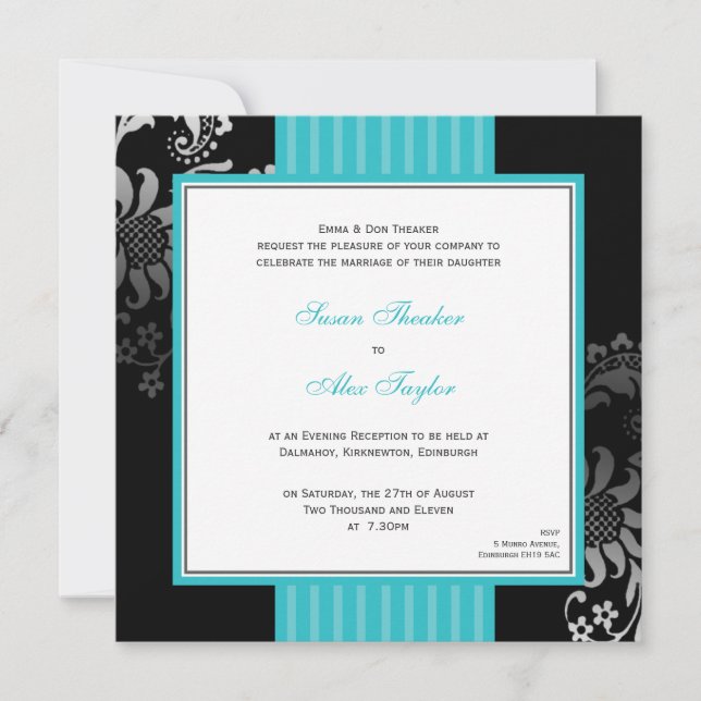 Teal & Black Ornate Pattern Wedding Invitation (Front)
