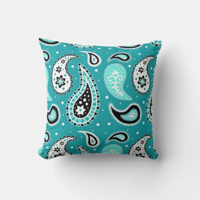 Teal Black Paisley Pattern Decorative Pillow (Front)