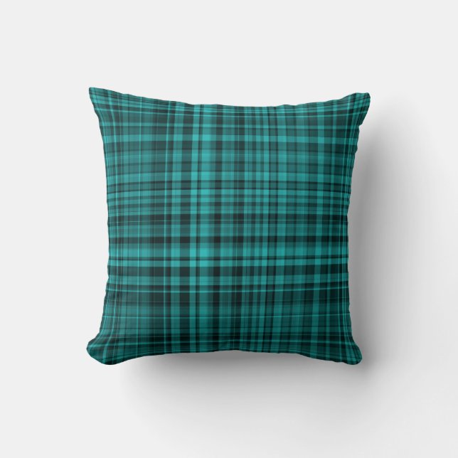 Teal Black Plaid Pattern Cushion (Front)