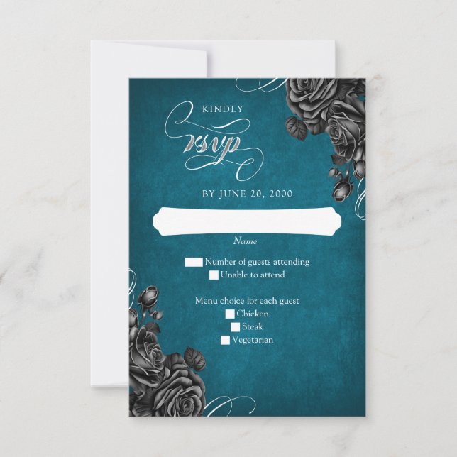 Teal Black Roses Wedding RSVP Card (Front)