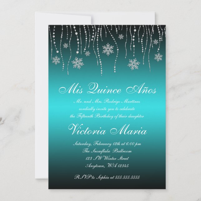Teal Black Snowflakes Quinceanera Birthday Party Invitation (Front)