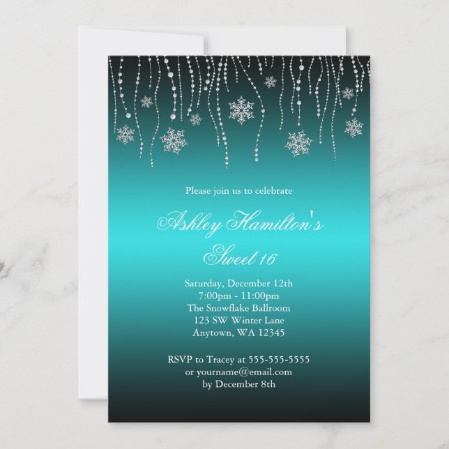 Teal Black Snowflakes Sweet 16 Winter Wonderland Invitation (Front)