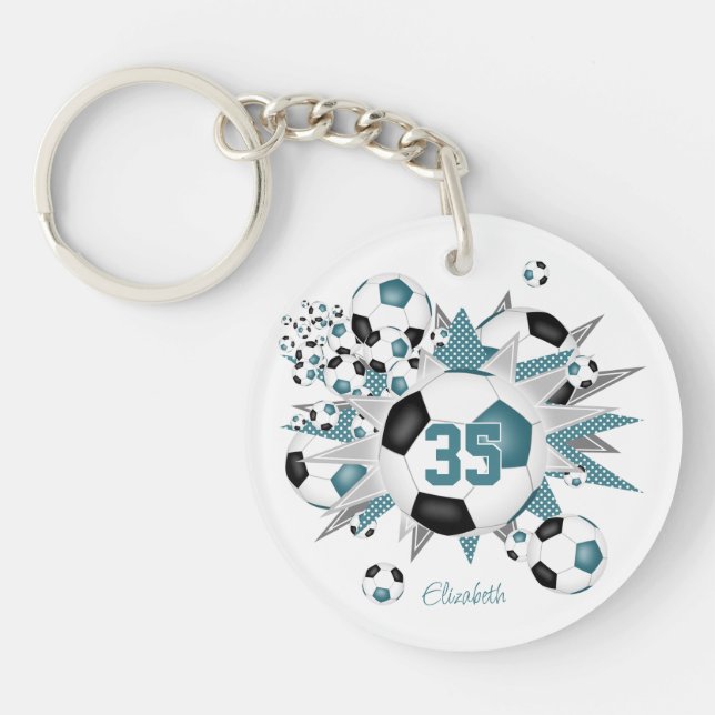 Teal black soccer ball blowout girls jersey number key ring (Front)