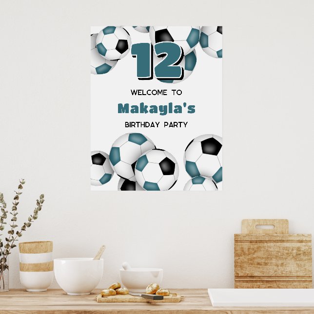 teal black soccer balls girls boys birthday party poster (Kitchen)