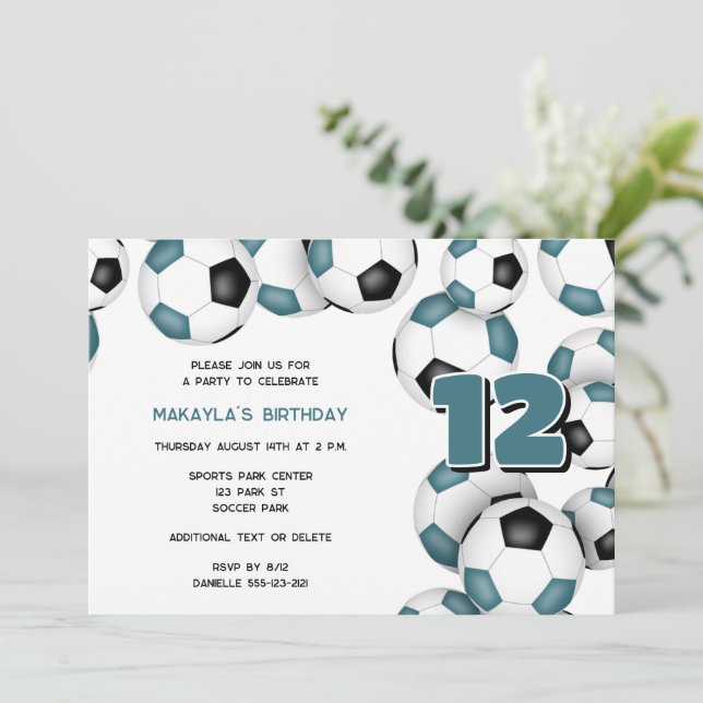 teal black soccer balls kids birthday party invitation (Standing Front)