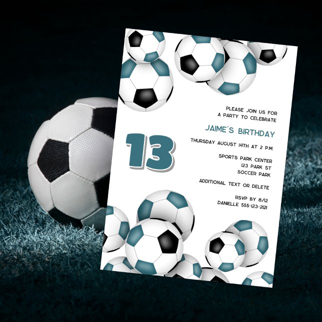 teal black soccer balls kids birthday party invitation (Creator Uploaded)