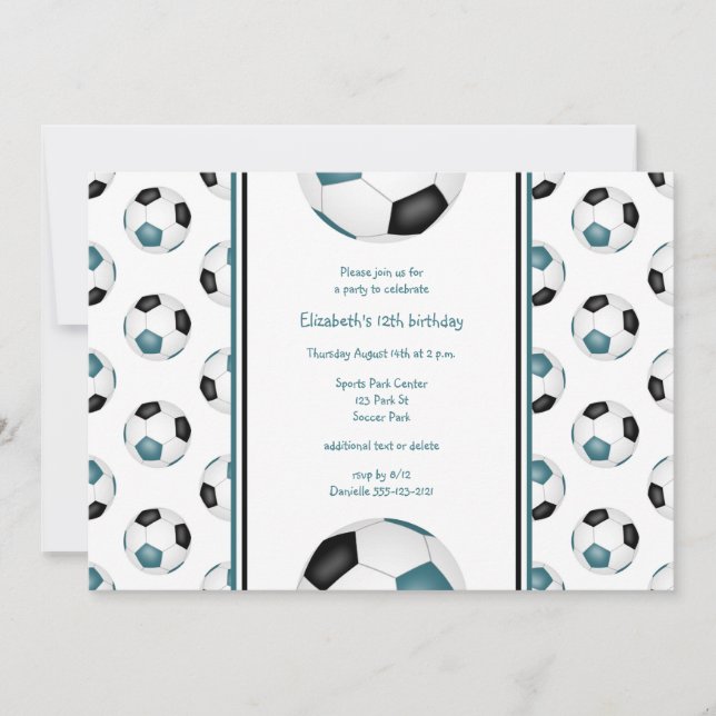 teal black soccer balls pattern birthday party invitation (Front)