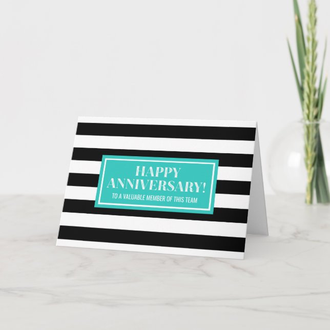 Teal Black Stripes Employee Anniversary Card (Front)