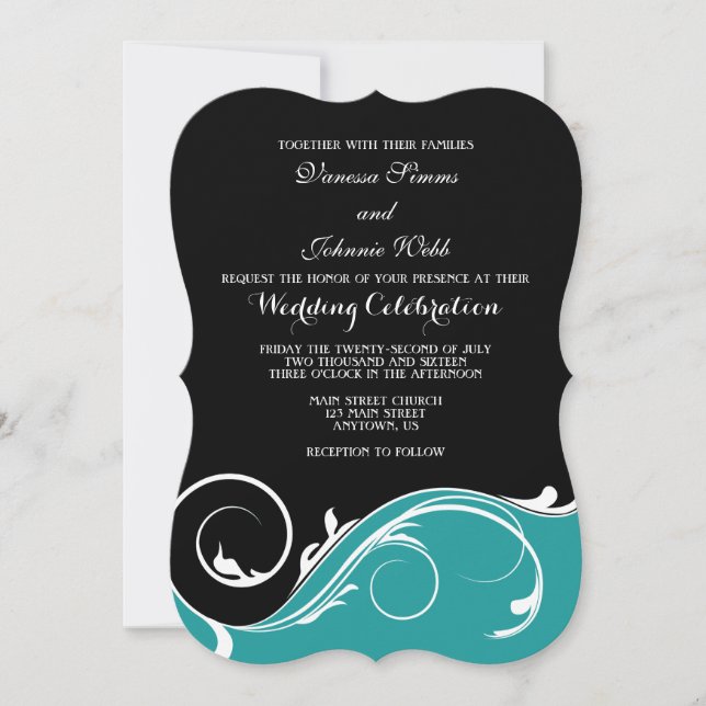 Teal Black Swirl Bracket Wedding Invites (Front)
