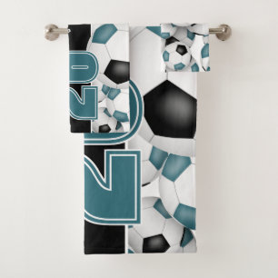 teal black team colors Lots of soccer balls sports Bath Towel Set