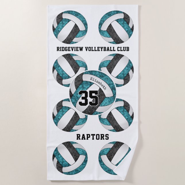teal black team colours name girly volleyballs  beach towel (Front)