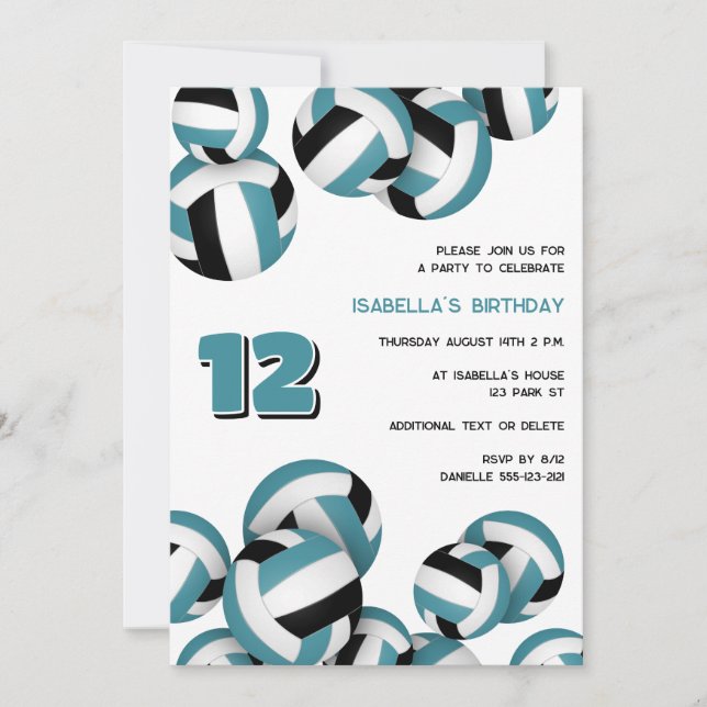teal black team colours volleyball birthday party invitation (Front)