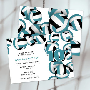teal black volleyball boys girls birthday party invitation