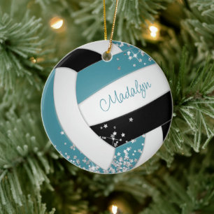 Teal black volleyball w silver stars girls sports  ceramic tree decoration