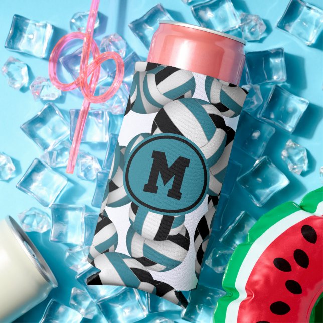 Teal black volleyballs pattern w player monogram seltzer can cooler (In Situ Summer)