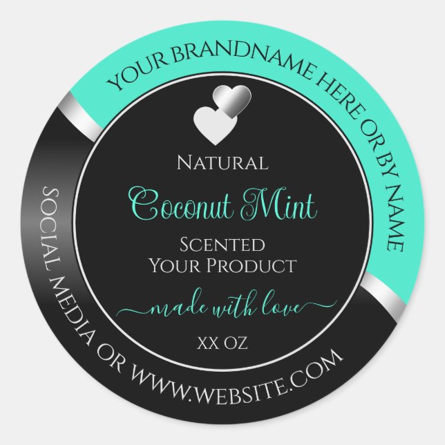 Teal Black Wavy Silver Cute Hearts Product Labels (Front)