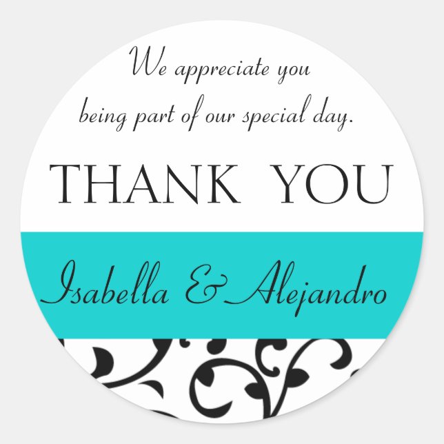 Teal, Black Wedding Favour Thank You Message Classic Round Sticker (Front)