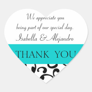 Teal, Black Wedding Favour Thank You Message Heart Sticker