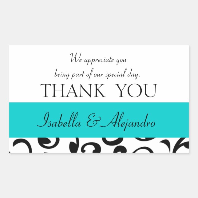 Teal, Black Wedding Favour Thank You Message Rectangular Sticker (Front)