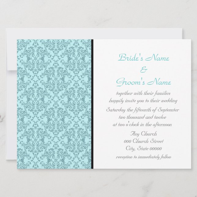 Teal Black White Damask Wedding Invitations (Front)