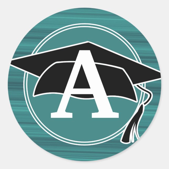 Teal Black White Graduation Cap Monogram Initial Classic Round Sticker (Front)