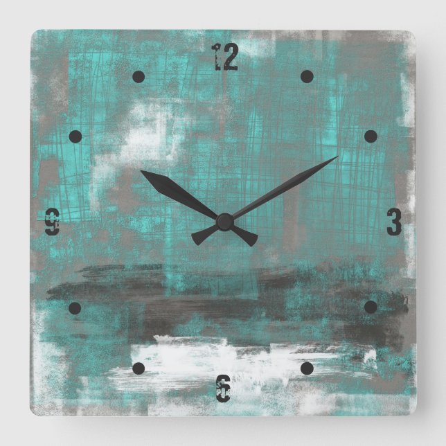 Teal Black White Grey abstract Square Wall Clock (Front)
