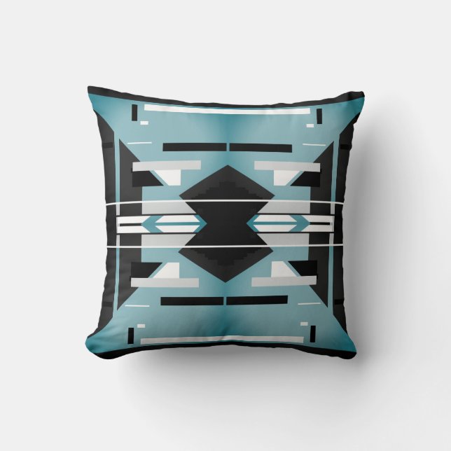 Teal Black White Grey Symmetrical Geometric Design Cushion (Front)