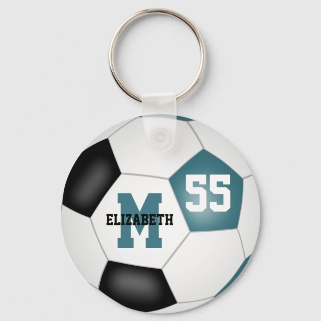 teal black white kids soccer bag tag keychain (Front)