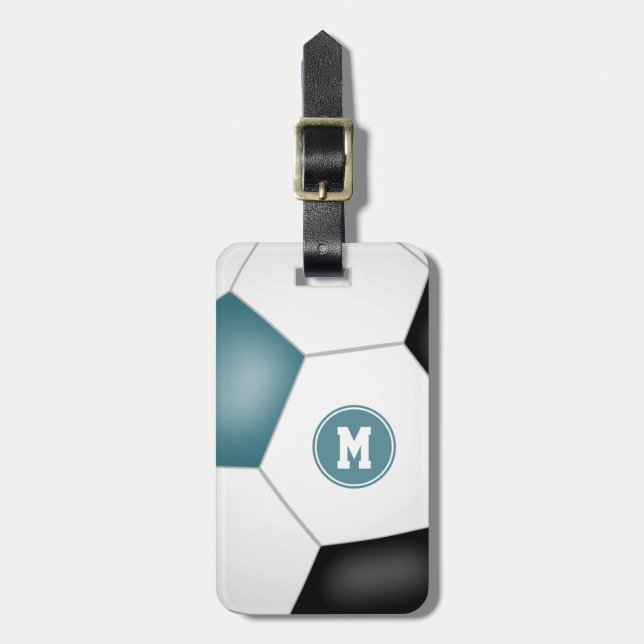 teal black white soccer monogrammed luggage tag (Front Vertical)