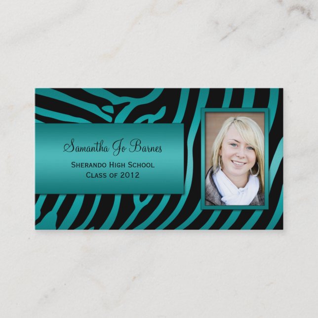 Teal Black Zebra Graduation Handouts Calling Card (Front)