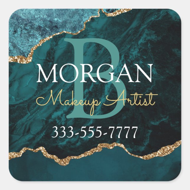 Teal BlkGold Agate DIY Name Monogram OccupationVs4 Square Sticker (Front)