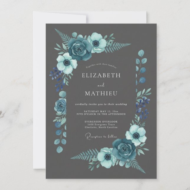 Teal Bloom Botanical Flourish Wedding Invitation (Front)