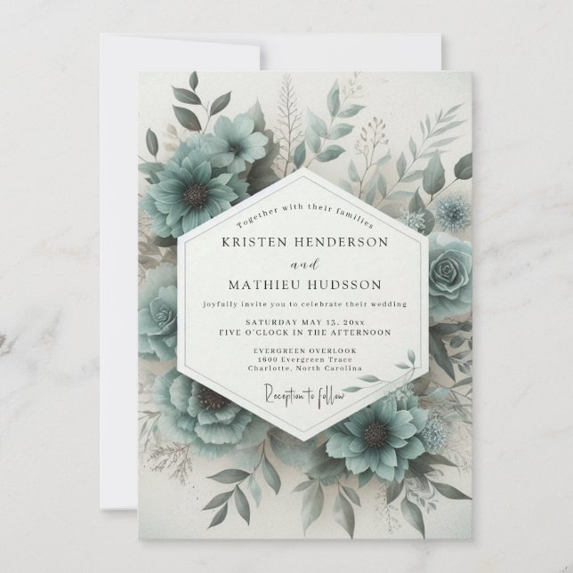 Teal Bloom Wedding Invitation (Front)