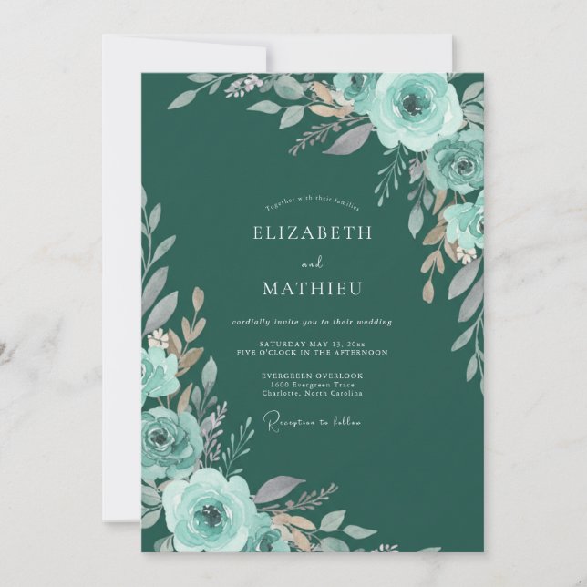 Teal Blooming Botanical Romance Wedding Invitation (Front)