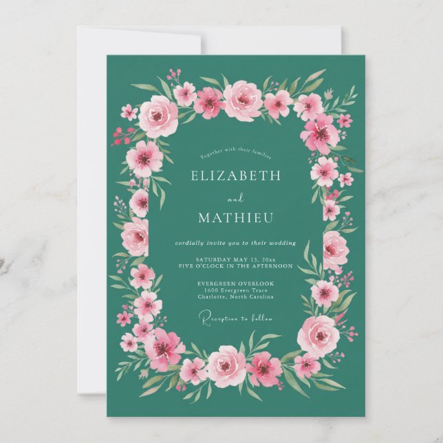 Teal Blooming Floral Romance Wedding Invitation (Front)