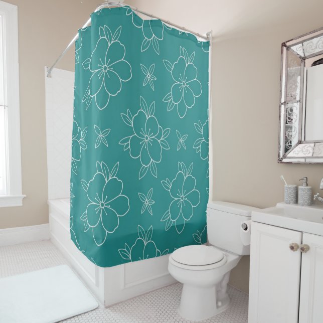 Teal Blooms Shower Curtain (In Situ)