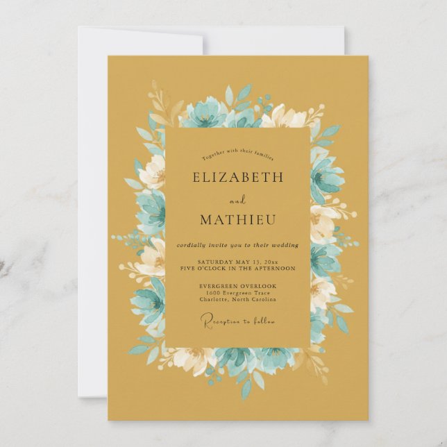 Teal Blossom Flourish Wedding Invitation (Front)