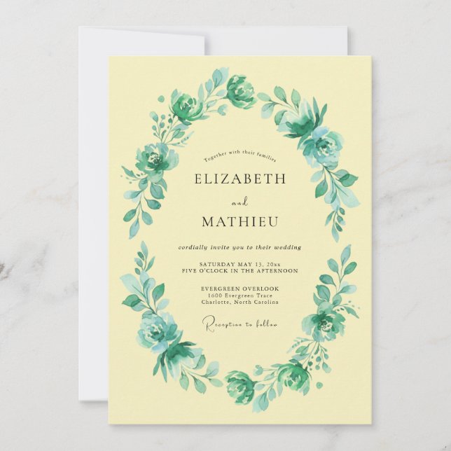 Teal Blossom Oval Romance Wedding Invitation (Front)