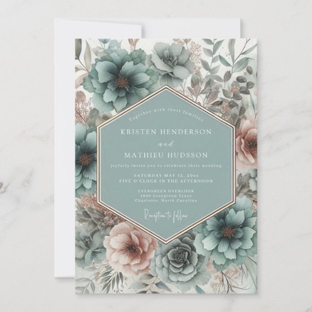 Teal Blossom Romantic Wedding Invitation (Front)