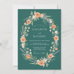 Teal Blossom Wreath Romance Wedding Invitation
