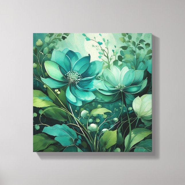 Teal Blossoms: Minimalist Boho Elegance Canvas Print (Front)