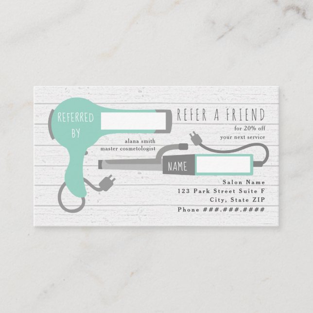 Teal Blow Dryer + Curling Iron Salon Referral Business Card (Front)