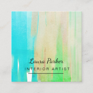 Teal Blue Abstract Modern Paint Watercolor Artist Square Business Card
