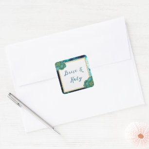 Teal Blue Agate Floral Wedding Square Sticker